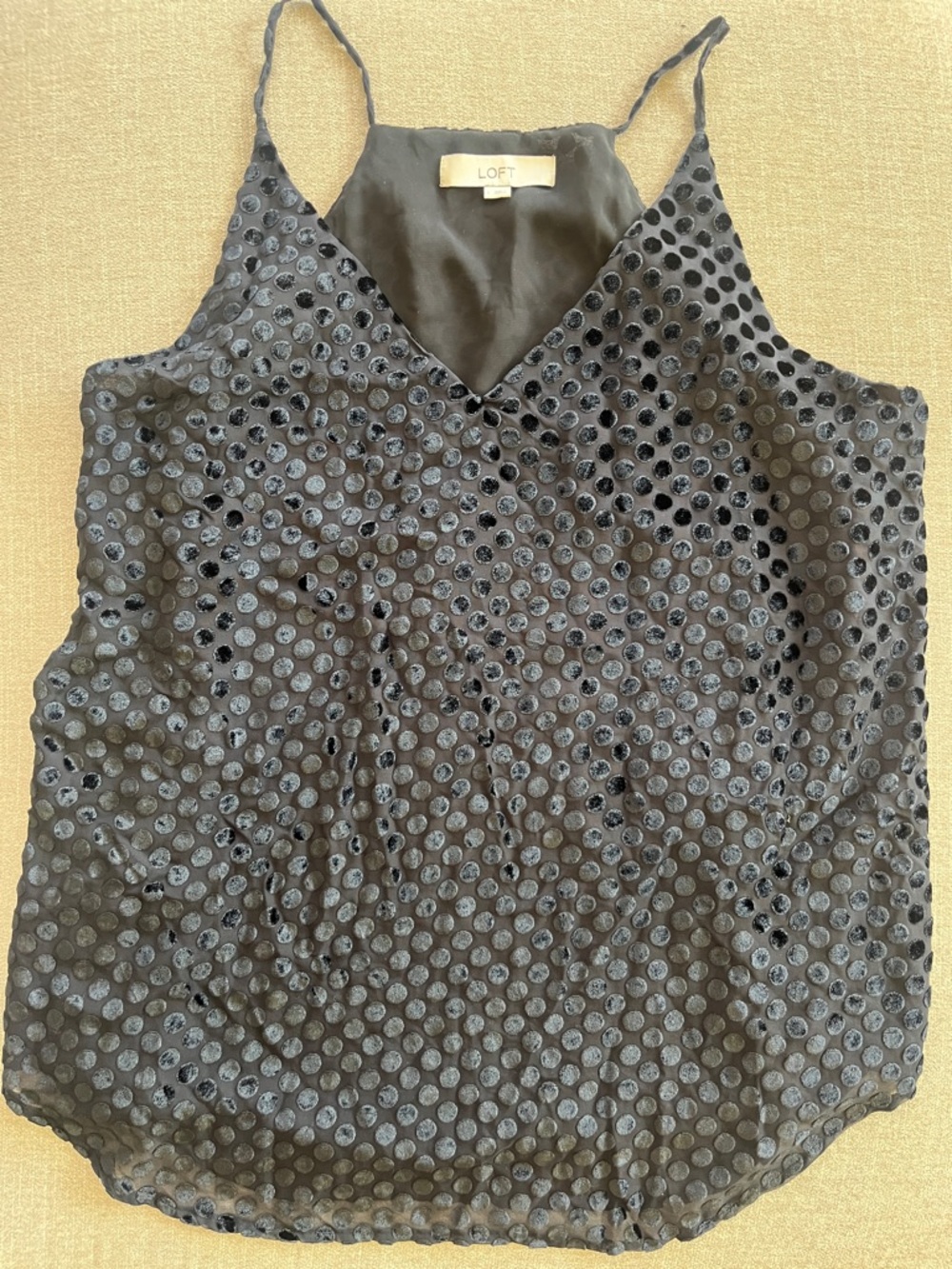 LOFT Black Polka-Dot Satin Cami with Sheer Dot Overlay
